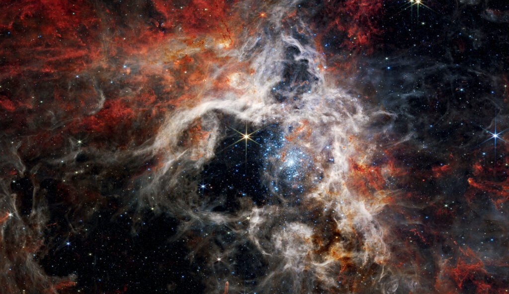 Obszar formowania się Mgławicy Tarantula zawiera dziesiątki tysięcy niewidocznych dotąd młodych gwiazd spowitych kosmicznym pyłem; zdjęcie: NASA, ESA, CSA, STScI, Webb ERO Production Team
