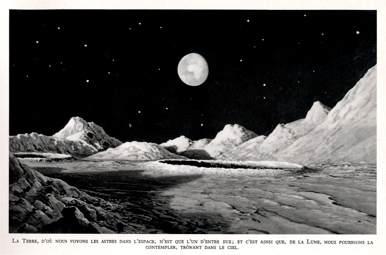 Ziemia widziana z powierzchni Księżyca – publikacja w książce Luciena Rudaux „Sur les autres mondes”, 1937 r.; zdjęcie: domena publiczna