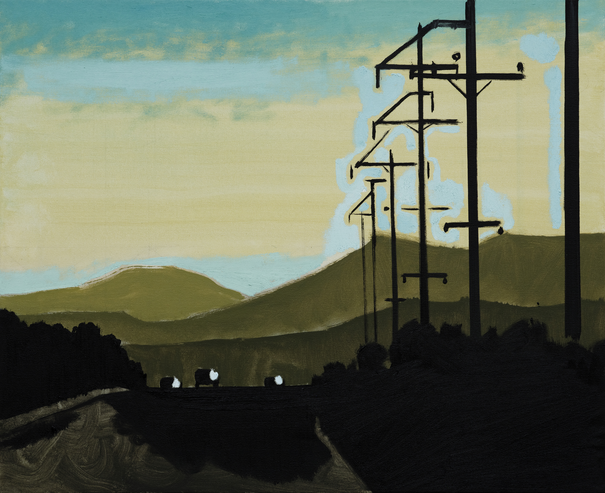 Untitled (Green Landscape with Electric Poles), 2024