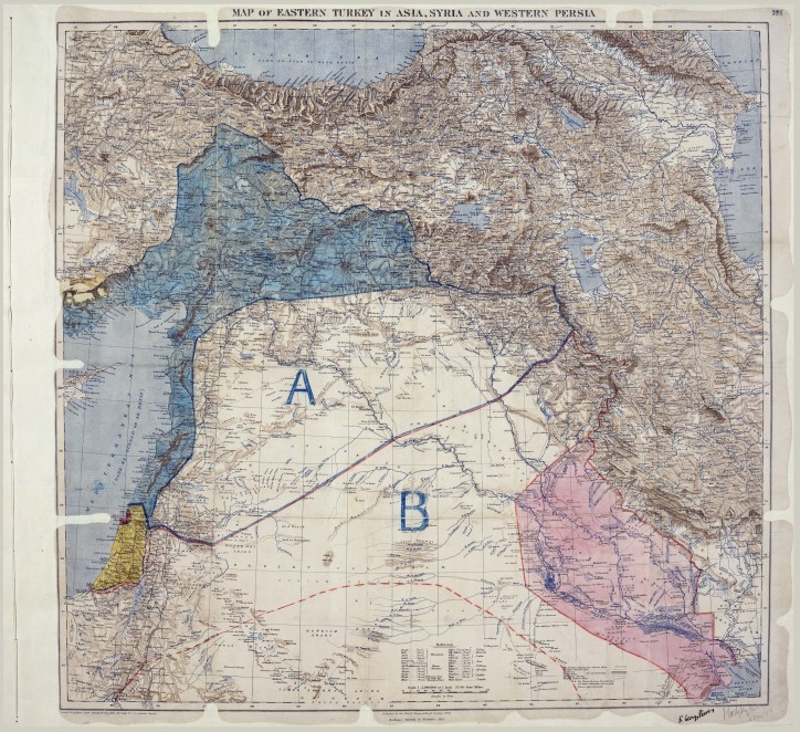 Oryginalna mapa, dołączona do umowy Sykes-Picot z 1916 r., pokazująca podział stref wpływu między Wielką Brytania a Francją (National Archives, UK).