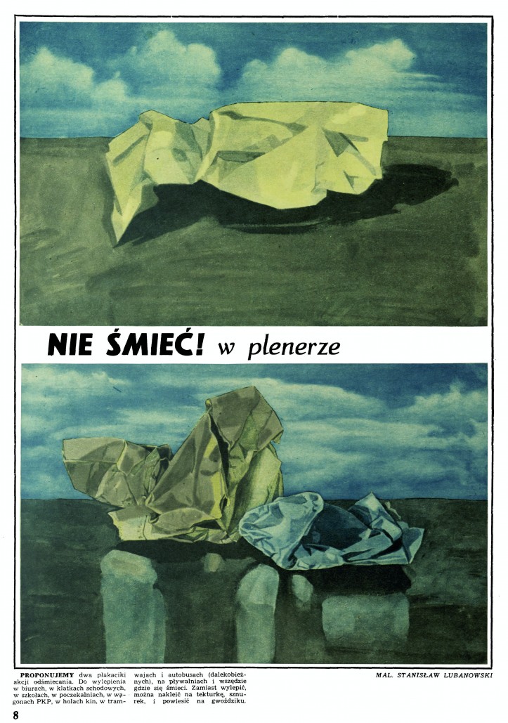 Plakaciki akcji odśmiecania opublikowane pod zmyślonym nazwiskiem. "Przekrój", nr 24/1958r., s. 8