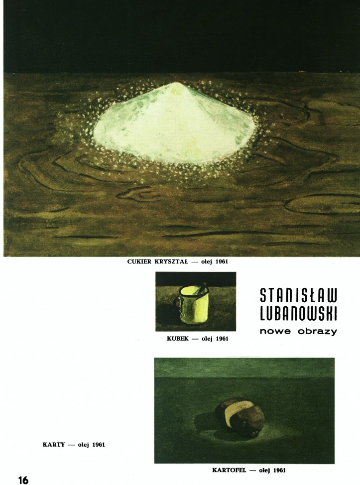 Obrazy Janki wykorzystywane jako ilustracje do fikcyjnego reportażu o malarzu nieistniejącym. "Przekrój", nr 15/1961 r., s.16