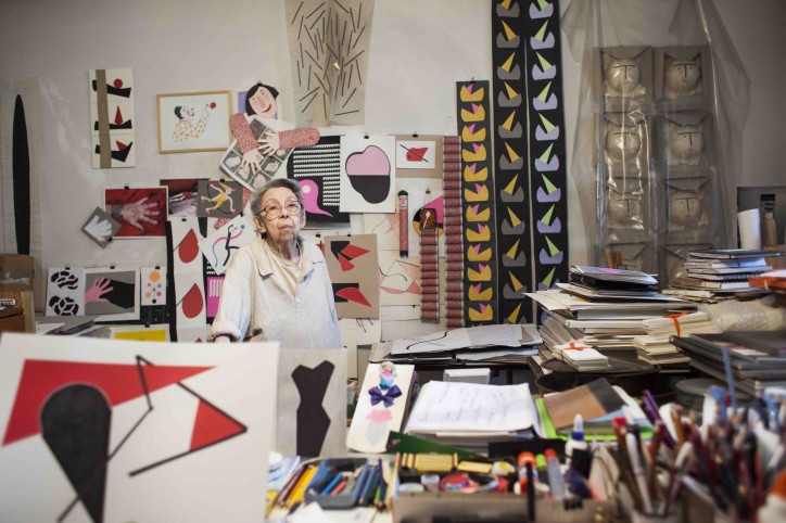 “At my age, I can work like a young person,” Brătescu said at 91. The artist in her studio in 2015; photo: Ștefan Sava, Ivan Gallery and Hauser & Wirth