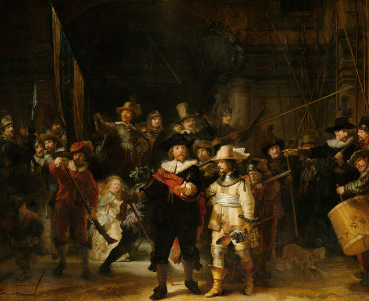 "Straż nocna (Wymarsz strzelców)", Rembrandt, 1640–1642; źródło: Rijksmuseum, Amsterdam