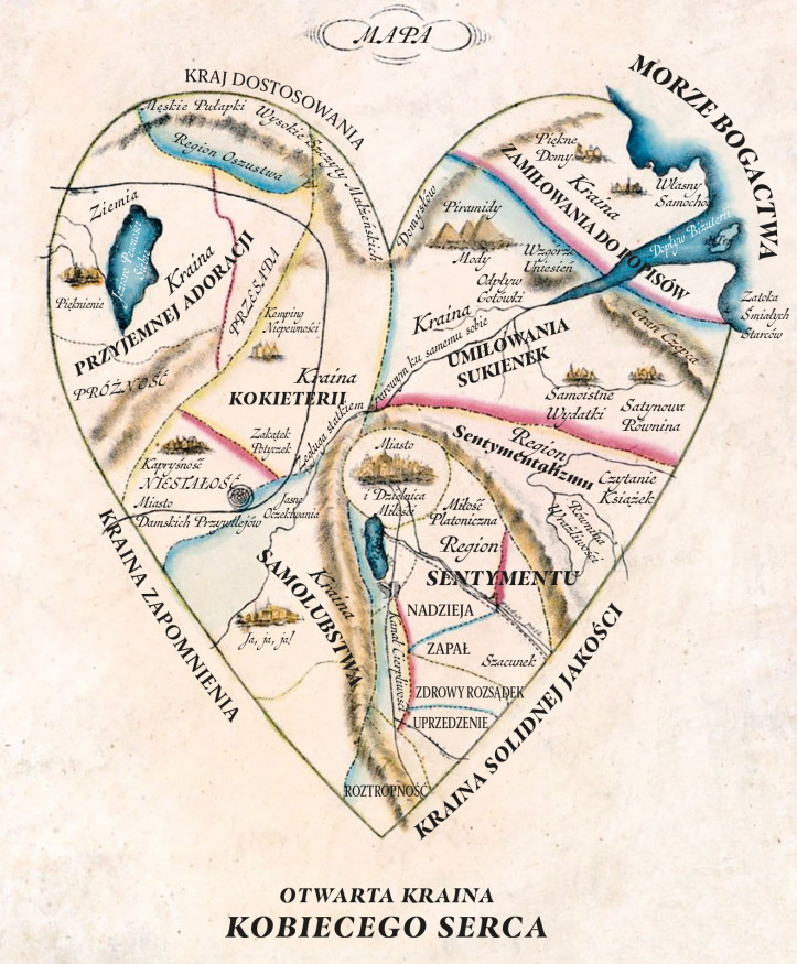 Mapa na podstawie "Otwartej krainy kobiecego serca" przedstawiającej jego wewnętrzne połączenia oraz ułatwienia i niebezpieczeństwa czyhające tam na podróżnych Anonimowej Damy z lat 30. XIX w.; zdjęcie: domena publiczna