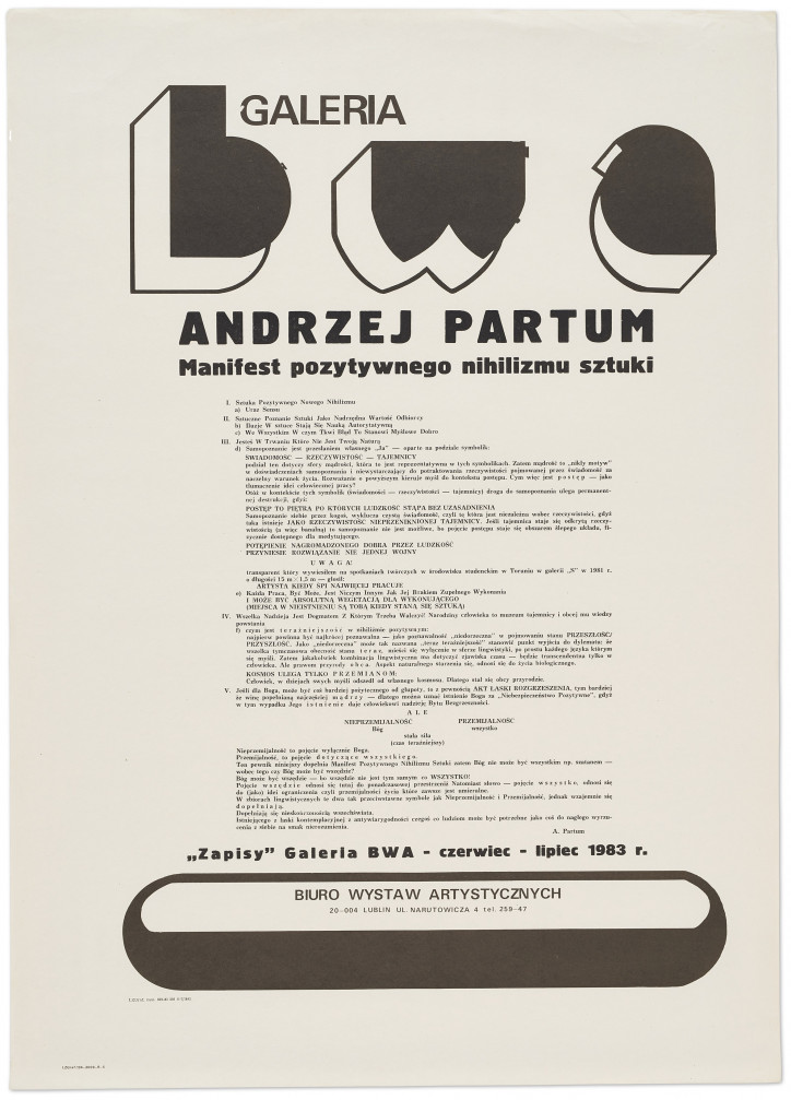Andrzej Partum, "Manifest pozytywnego nihilizmu sztuki" 1983 r. (dzięki uprzejmości galerii Monopol)