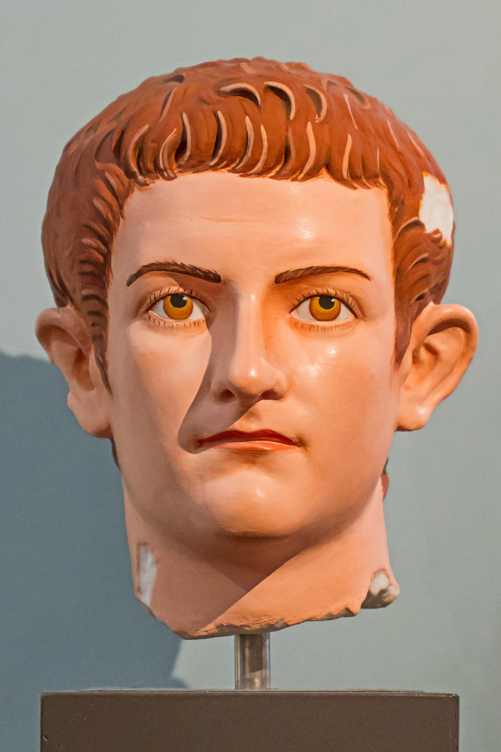 A coloured cast of Caligula’s head, on display at the “Gods in Colour” exhibition, Ashmolean Museum in Oxford, 2015