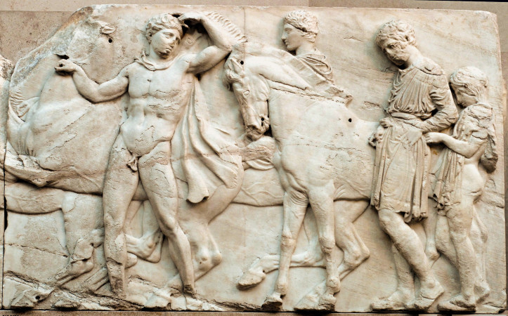 Parthenon frieze, Phidias, c. 447–438 BCE. Fragment of Parthenon marble taken from Athens to London by Lord Elgin, British Museum