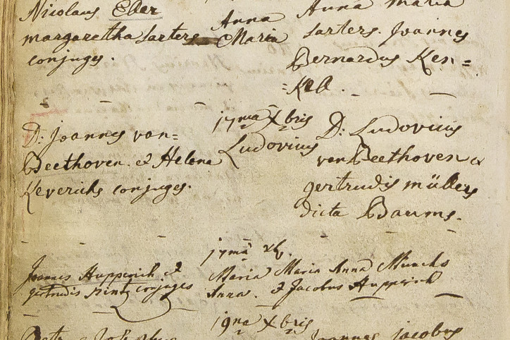 Zapis w rejestrze chrztów z adnotacją o narodzinach Beethovena. Copyright: Michael Sondermann/Bundesstadt Bonn