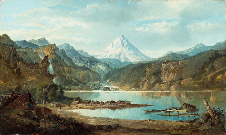"Pejzaż górski z wioską indiańską", John Mix Stanley, 1870-1872 r.; źródło: Wikimedia Commons