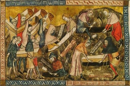 „Mieszkańcy Tournai grzebią ofiary Czarnej Śmierci”, Pierart dou Tielt, ok. 1353 r. (domena publiczna)