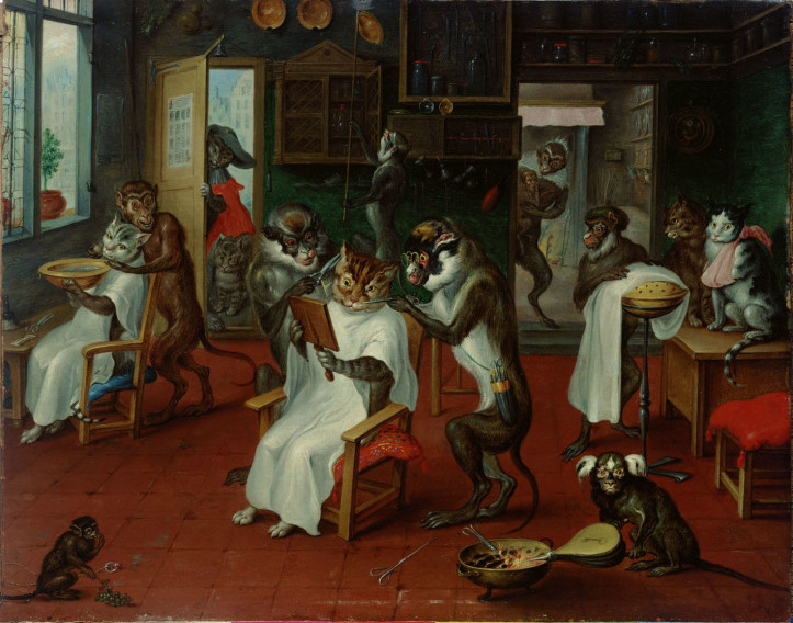 "Zakład fryzjerski z małpami i kotami", Abraham Teniers , połowa XVII wieku/KHM (domena publiczna)