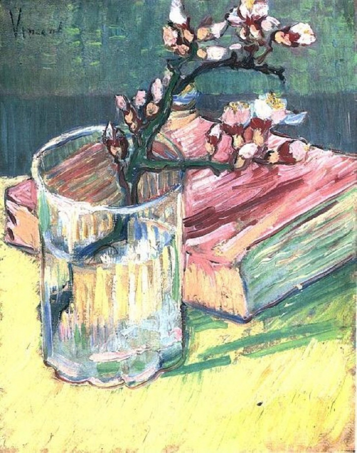 "Kwitnąca gałązka migdałowca w szklance i książka", Vincent van Gogh, 1888 r. (domena publiczna)