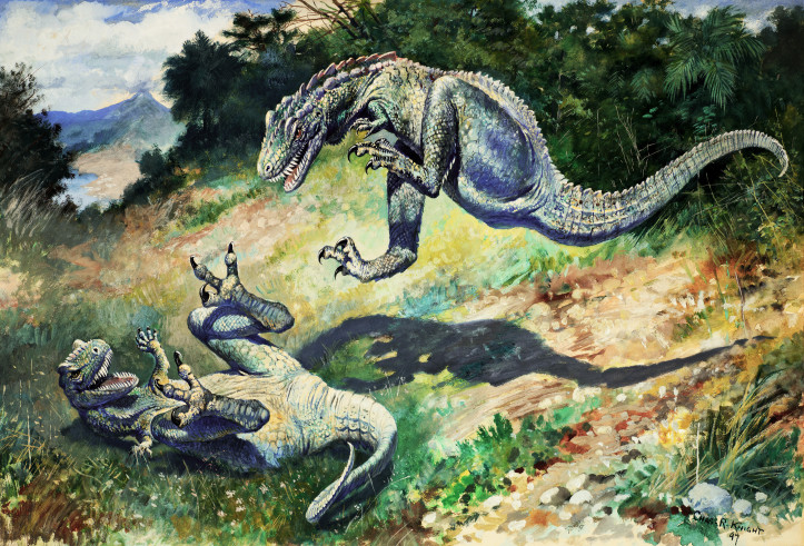 "Walczące dryptozaury", Charles R. Knight, 1897 r.; zdjęcie: domena publiczna
