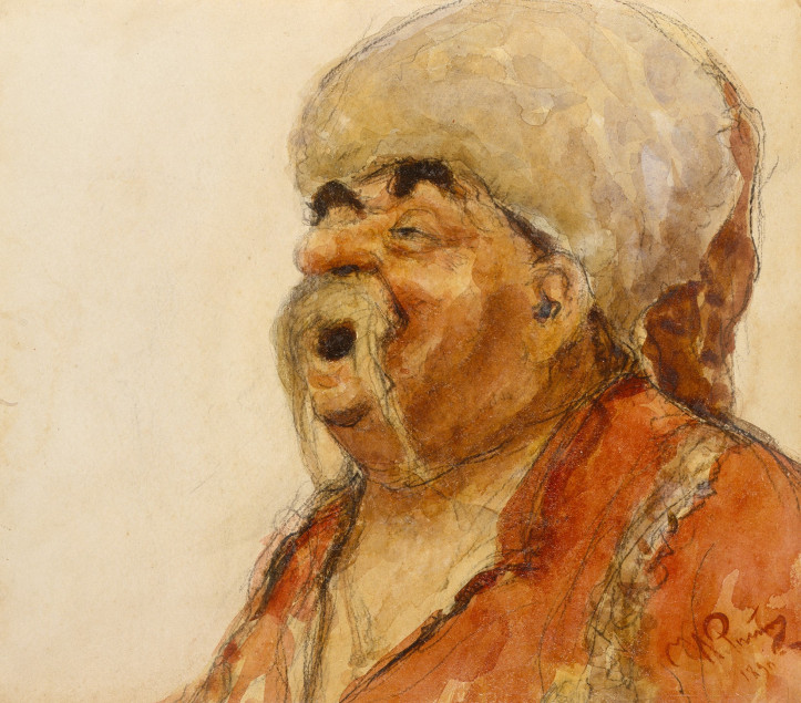 Ilja Riepin, "Śmiejący się Kozak", studium do obrazu Zaporożcy piszący list do sułtana tureckiego, 1890, papier, akwarela, 22 × 25, NAMU 