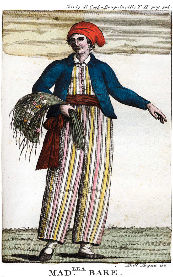 XIX-wieczna ilustracja przedstawiająca Jeanne Barret przebraną za marynarza powstała już po jej śmierci. Anonimowy autor przedstawił podróżniczkę z bukietem kwiatów w ręce, symbolizującym jej botaniczne zainteresowania.