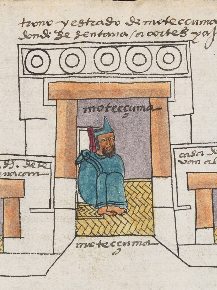 Karta ze średniowiecznego Kodeksu Mendoza, dokumentu opisującego historię Azteków – fragment przedstawiający cesarza  Montezumę II w turkusowej koronie; zdjęcie: domena publiczna