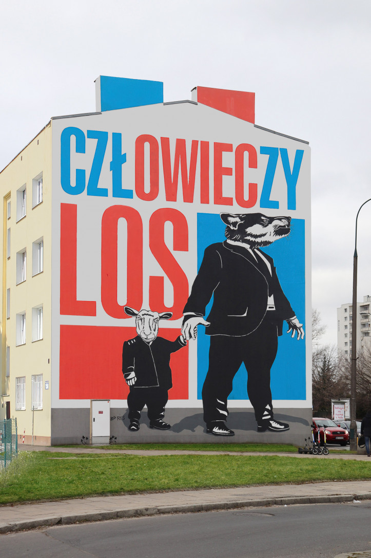 Wilk prowadzący owcę, czyli Człowieczy los, Twożywo, Klaus Klinger, 2010 r., mural przy ul. Radzymińskiej 150 w Warszawie; zdjęcia © twożywo